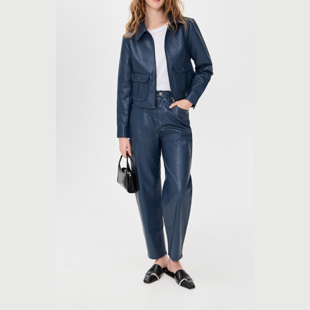 Navy Faux Leather High Rise Barrel Leg Pants - Picture 5 of 6